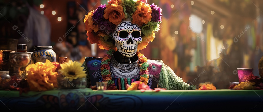 Arte de caveira pintada com desenhos mexicanos e flores coloridas comemorando o Dia dos Mortos