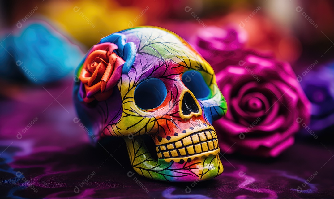 Arte de caveira pintada com desenhos mexicanos e flores coloridas comemorando o Dia dos Mortos