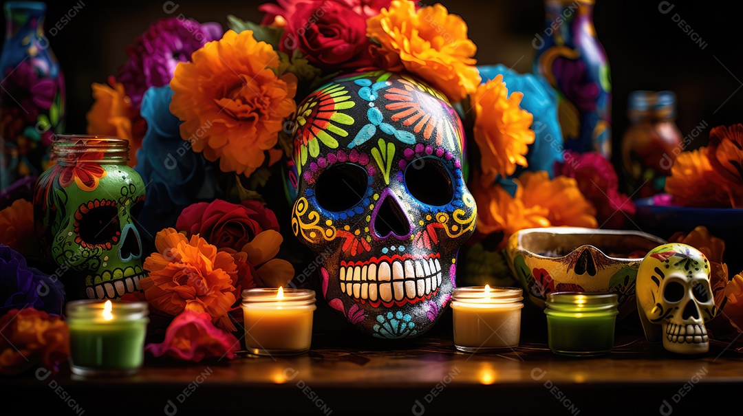 Mesa decorada com caveiras mexicanas pintadas, flores e especiarias para comemorar o Dia dos Mortos