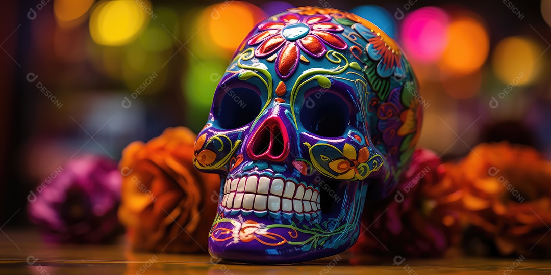 Mesa decorada com caveiras mexicanas pintadas, flores e especiarias para comemorar o Dia dos Mortos