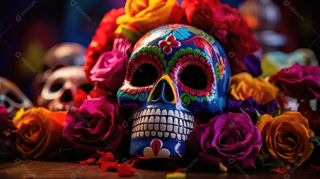 Mesa decorada com caveiras mexicanas pintadas, flores e especiarias para comemorar o Dia dos Mortos