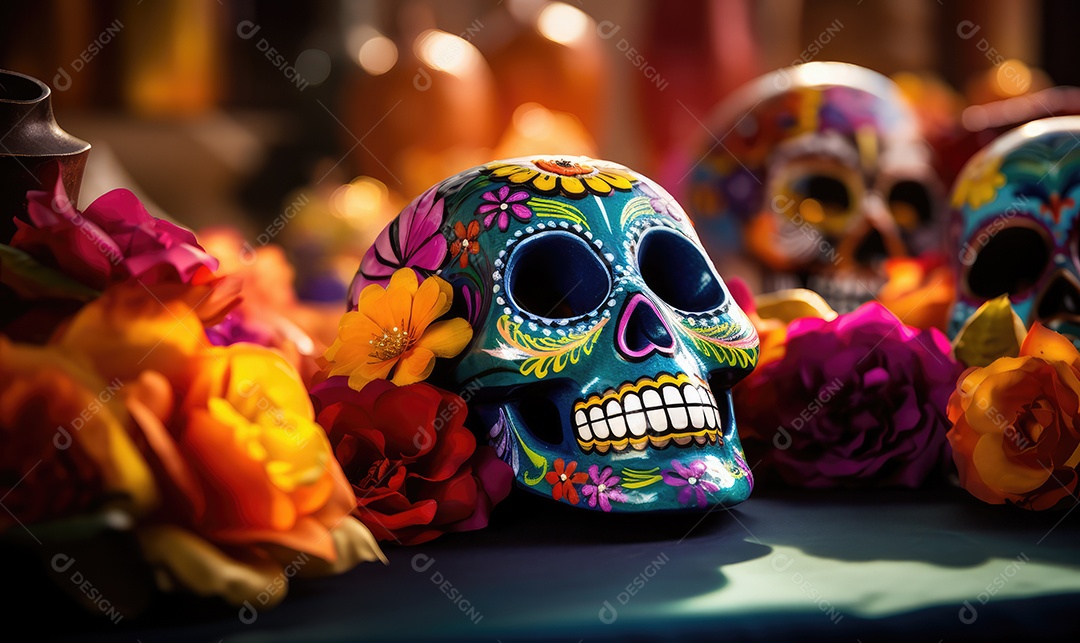 Mesa decorada com caveiras mexicanas pintadas, flores e especiarias para comemorar o Dia dos Mortos