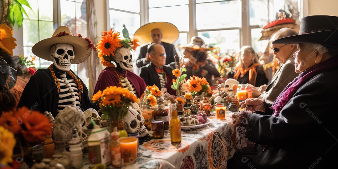 Grupo de amigos com maquiagem de caveiras mexicanas no rosto, vestidos para o Dia dos Mortos no México