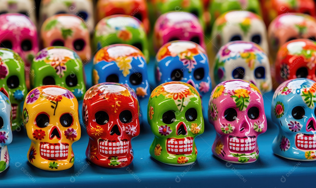 Arte de caveira pintada com desenhos mexicanos e flores coloridas comemorando o Dia dos Mortos