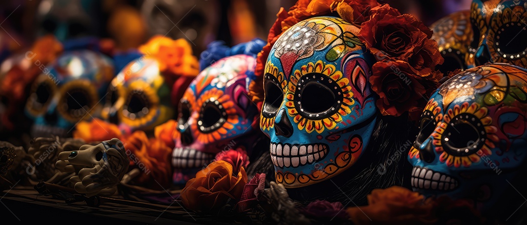 Arte de caveira pintada com desenhos mexicanos e flores coloridas comemorando o Dia dos Mortos