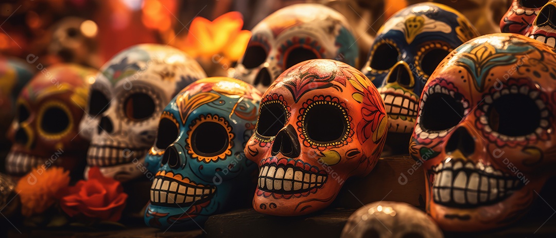 Arte de caveira pintada com desenhos mexicanos e flores coloridas comemorando o Dia dos Mortos
