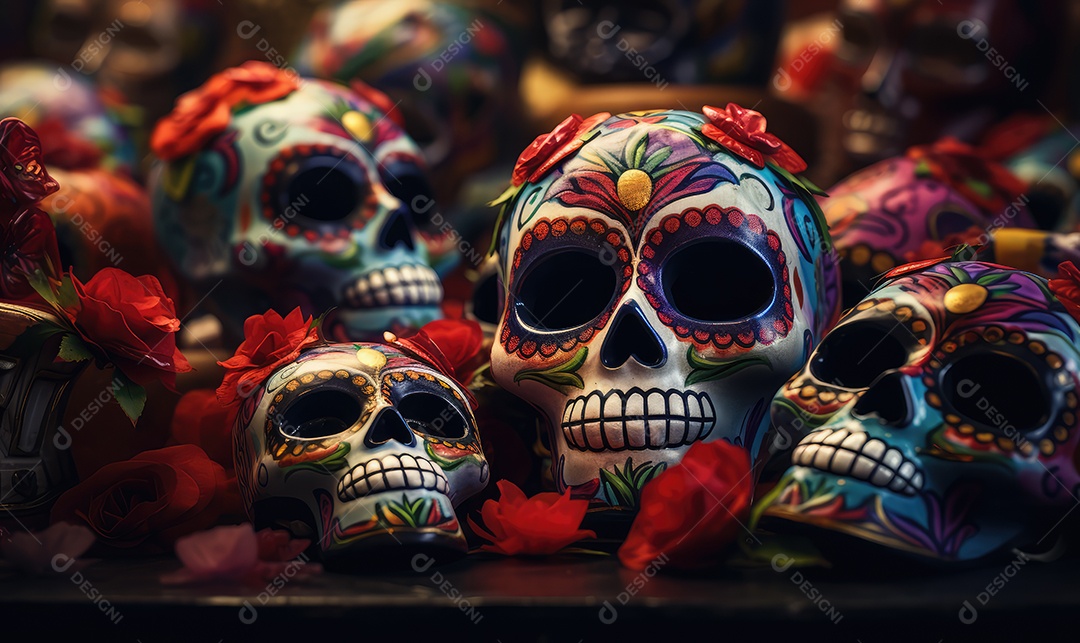 Mulher bonita com maquiagem de caveiras mexicanas no rosto e vestida para o Dia dos Mortos no México