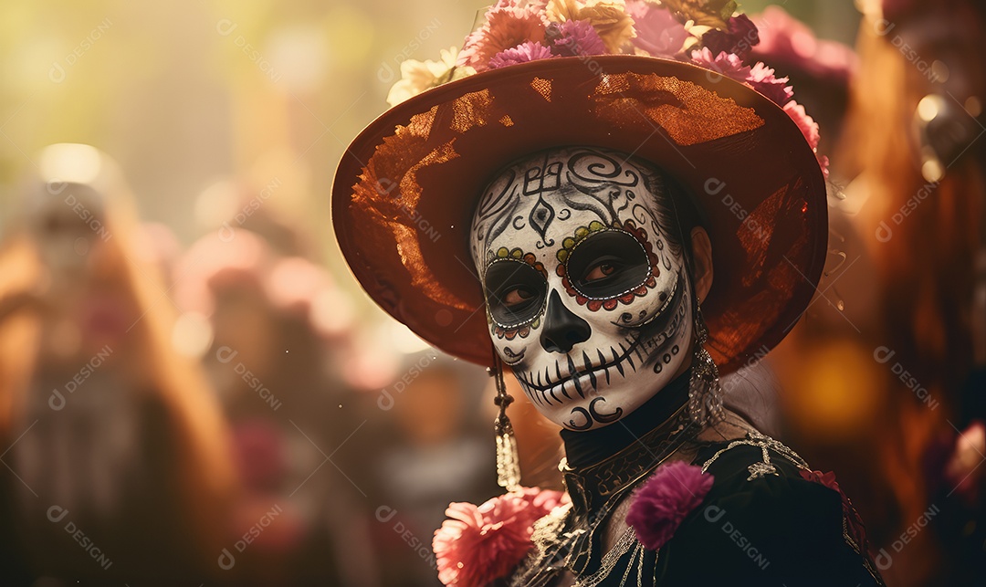 Mulher bonita com maquiagem de caveiras mexicanas no rosto e vestida para o Dia dos Mortos no México