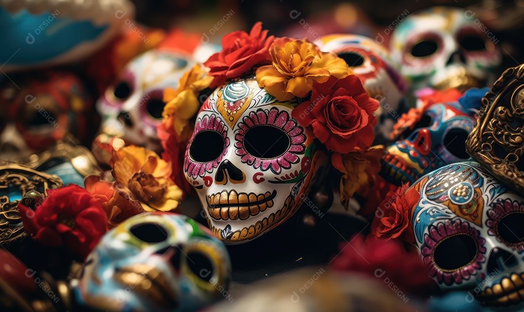 Arte de caveira pintada com desenhos mexicanos e flores coloridas comemorando o Dia dos Mortos