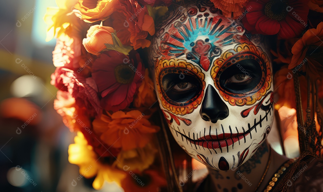 Mulher bonita com maquiagem de caveiras mexicanas no rosto e vestida para o Dia dos Mortos no México