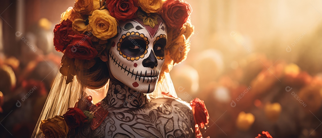 Mulher bonita com maquiagem de caveiras mexicanas no rosto e vestida para o Dia dos Mortos no México