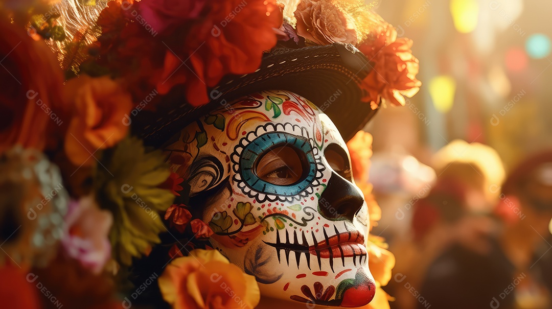 Mulher bonita com maquiagem de caveiras mexicanas no rosto e vestida para o Dia dos Mortos no México