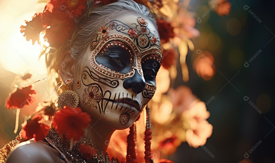 Mulher bonita com maquiagem de caveiras mexicanas no rosto e vestida para o Dia dos Mortos no México