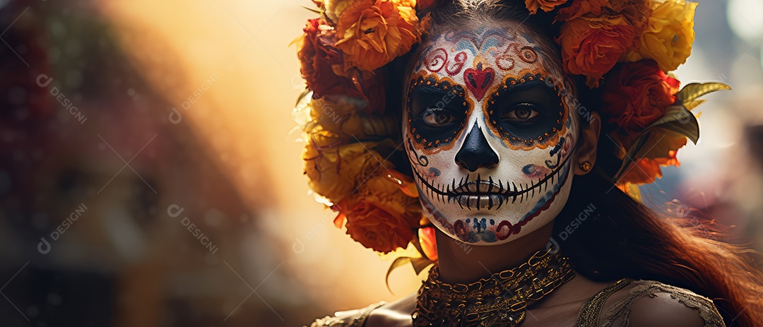 Mulher bonita com maquiagem de caveiras mexicanas no rosto e vestida para o Dia dos Mortos no México