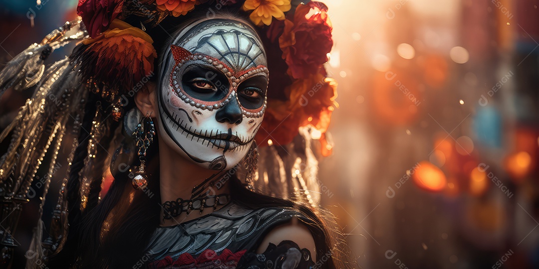 Mulher bonita com maquiagem de caveiras mexicanas no rosto e vestida para o Dia dos Mortos no México