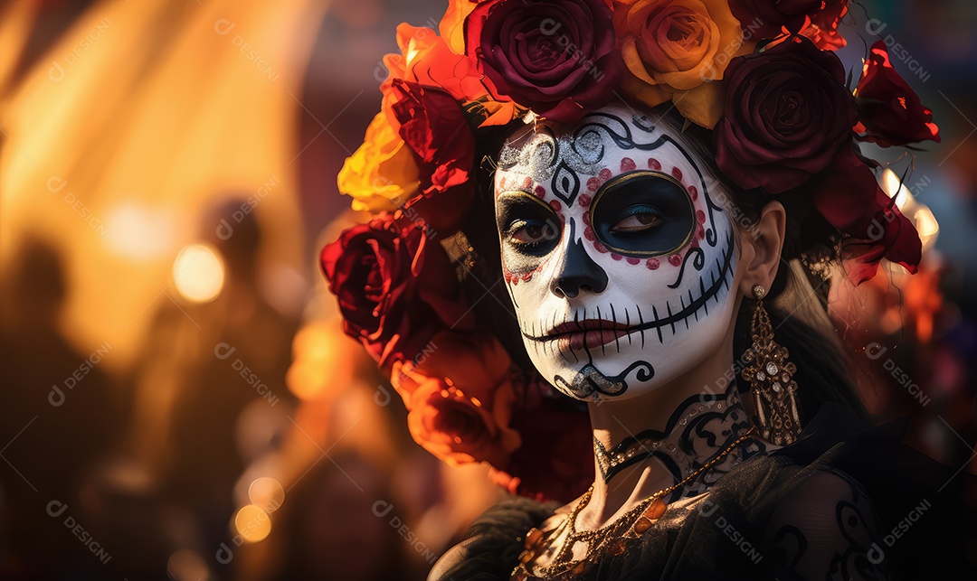 Mulher bonita com maquiagem de caveiras mexicanas no rosto e vestida para o Dia dos Mortos no México