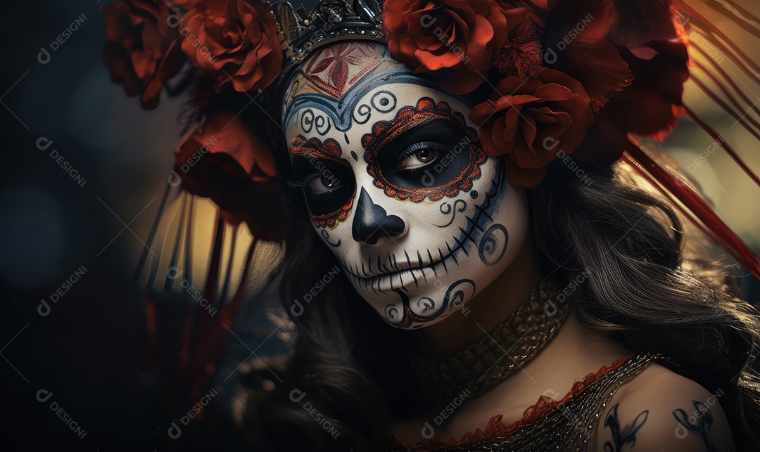 Mulher bonita com maquiagem de caveiras mexicanas no rosto e vestida para o Dia dos Mortos no México