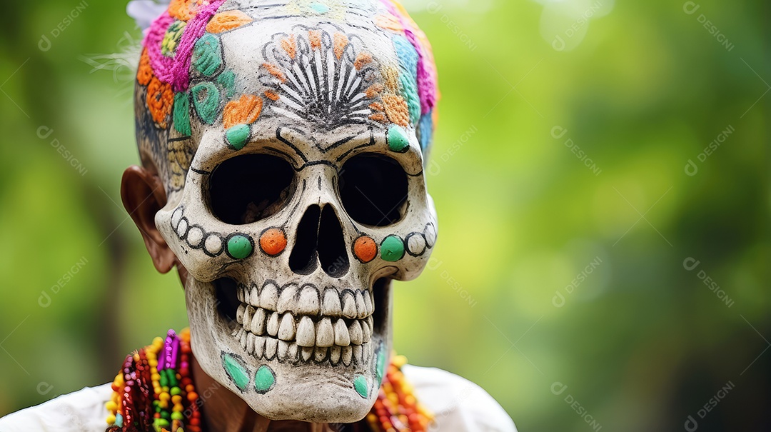 Arte de caveira pintada com desenhos mexicanos e flores coloridas comemorando o Dia dos Mortos