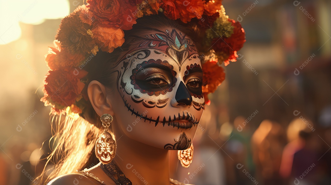 Mulher bonita com maquiagem de caveiras mexicanas no rosto e vestida para o Dia dos Mortos no México