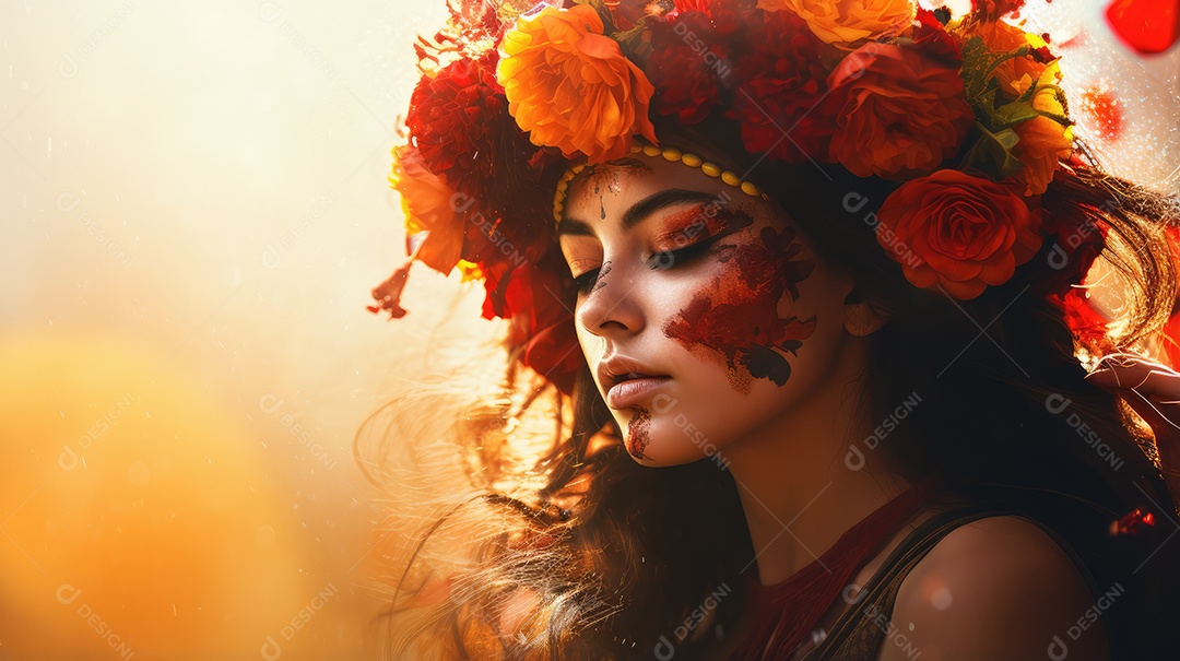 Mulher bonita com maquiagem de caveiras mexicanas no rosto e vestida para o Dia dos Mortos no México