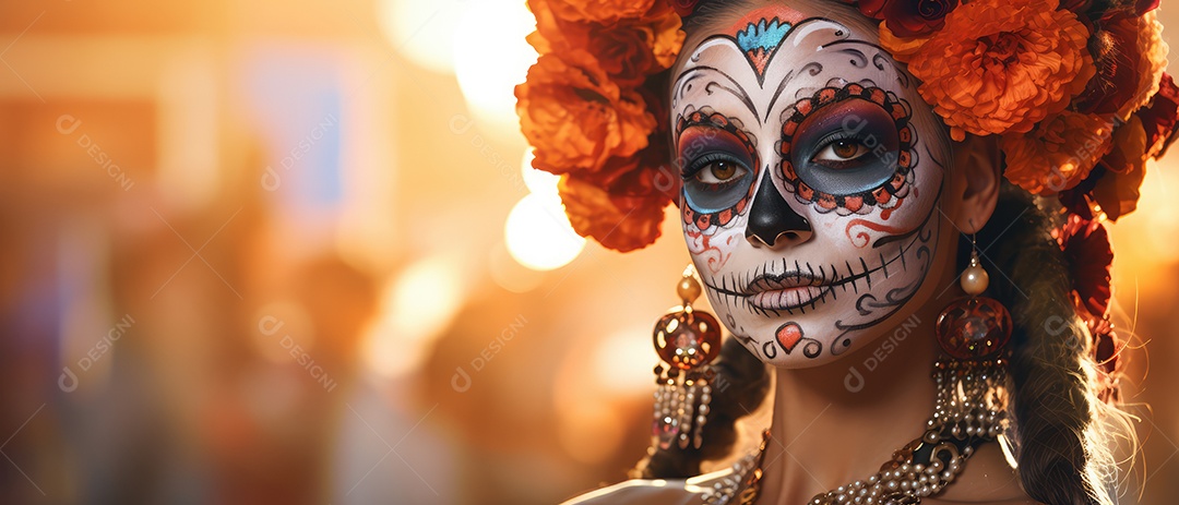 Mulher bonita com maquiagem de caveiras mexicanas no rosto e vestida para o Dia dos Mortos no México