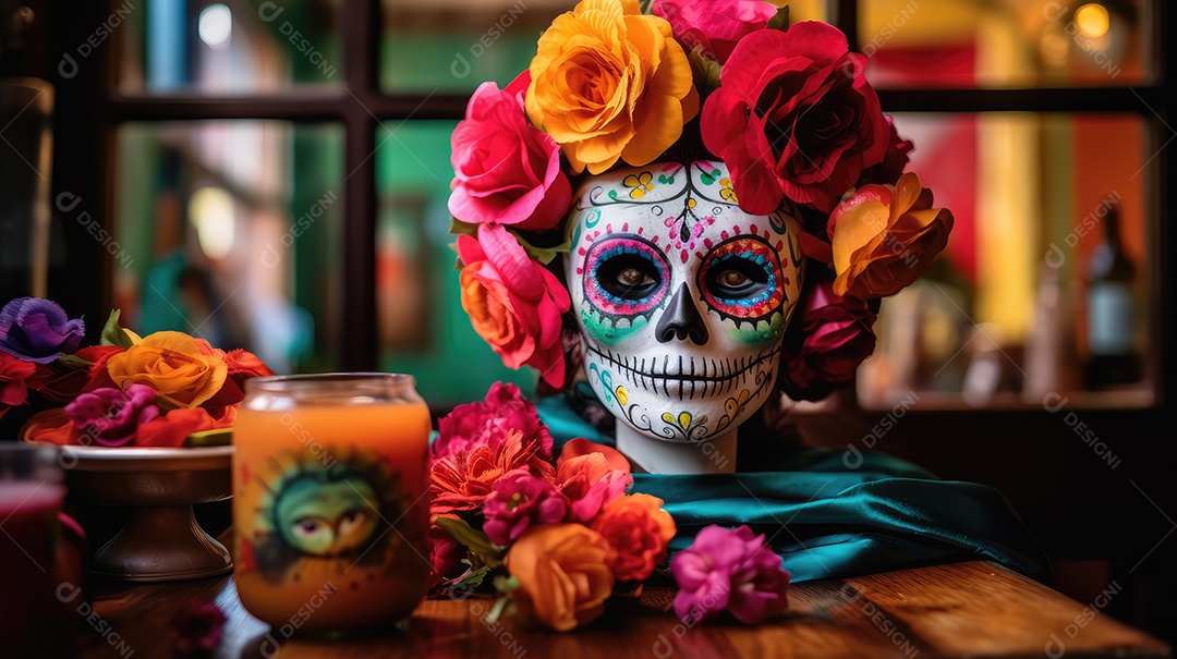 Arte de caveira pintada com desenhos mexicanos e flores coloridas comemorando o Dia dos Mortos