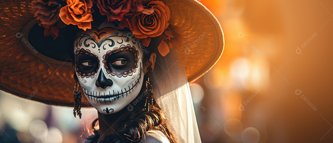 Mulher bonita com maquiagem de caveiras mexicanas no rosto e vestida para o Dia dos Mortos no México