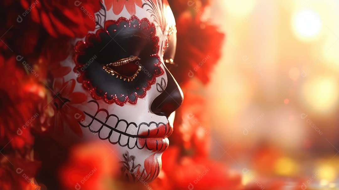 Mulher bonita com maquiagem de caveiras mexicanas no rosto e vestida para o Dia dos Mortos no México