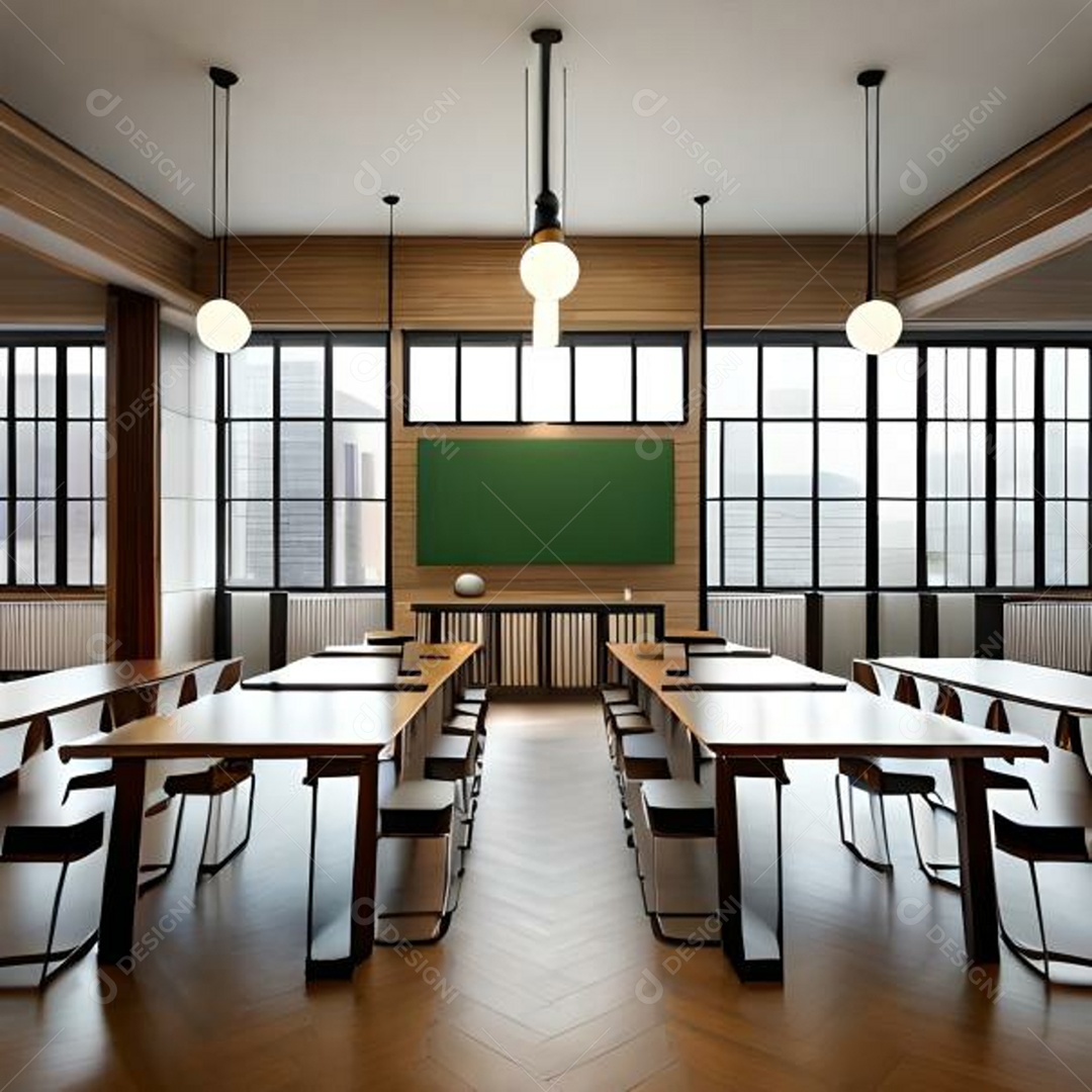 Bela sala de aula moderna sem pessoas com quadro negro e mesa grande