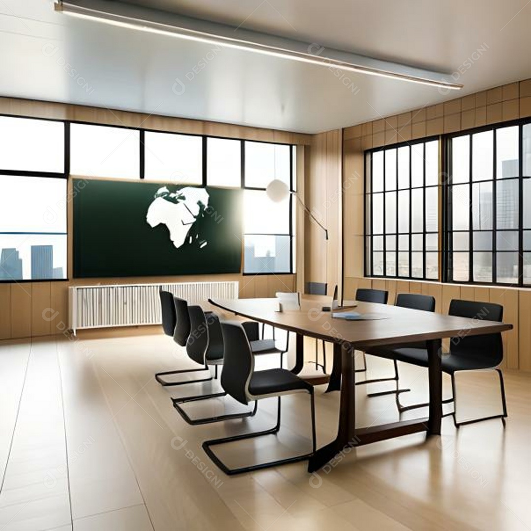 Bela sala de aula moderna sem pessoas com quadro negro e mesa grande