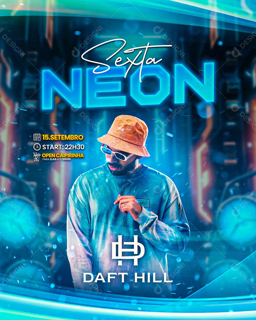 Flyer Sexta Neon Daft Hill Social Media PSD Editável