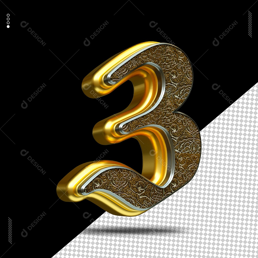 Número 3 Medieval Elemento 3D para Composição PSD