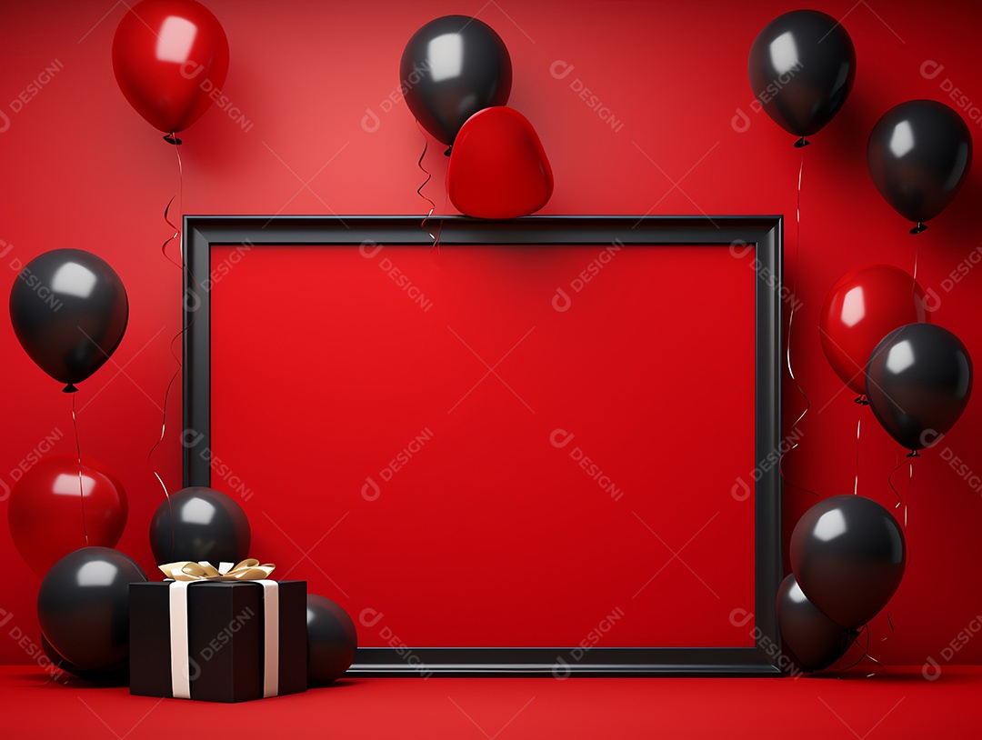 Cartaz de venda de sexta-feira negra com balões brilhantes com caixas de presente e moldura em fundo vermelho