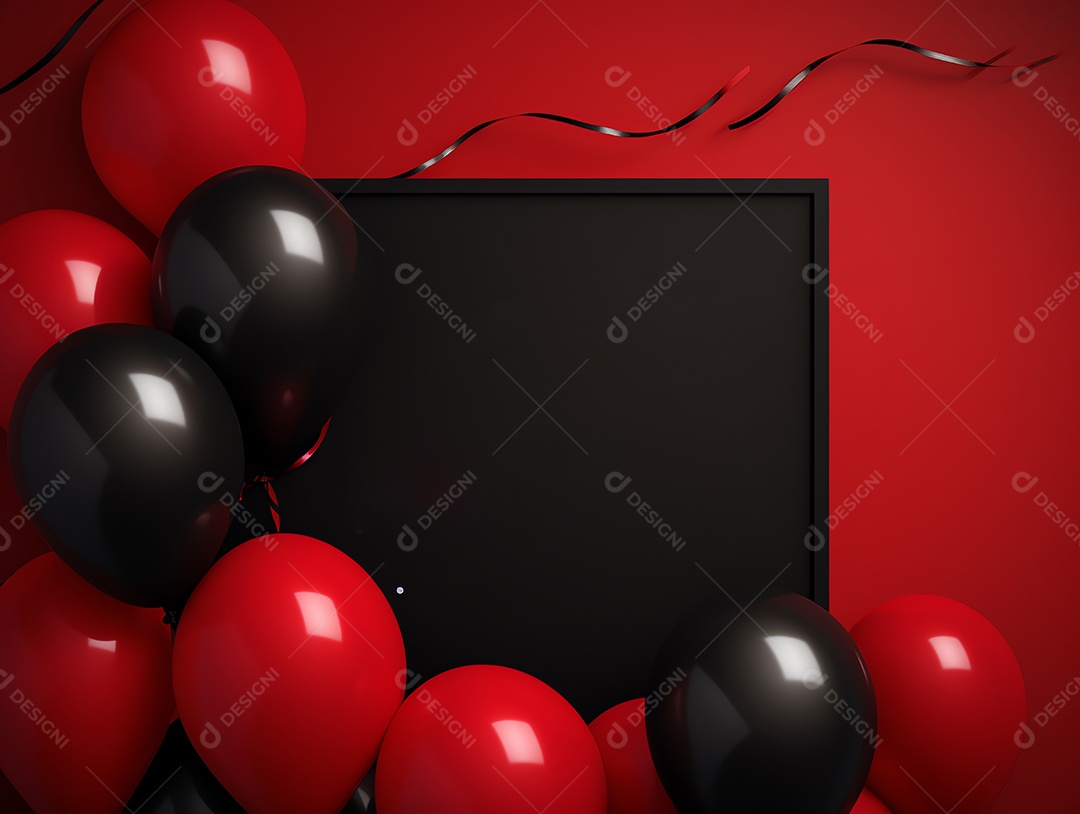 Cartaz de venda de sexta-feira negra com balões brilhantes com caixas de presente e moldura em fundo vermelho