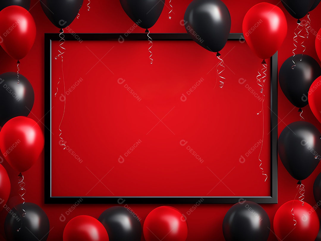 Cartaz de venda de sexta-feira negra com balões brilhantes com caixas de presente e moldura em fundo vermelho