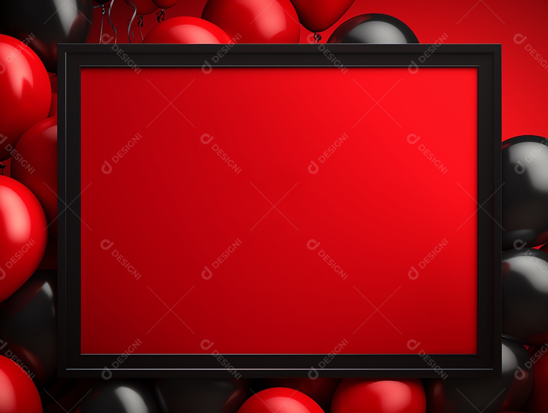 Cartaz de venda de sexta-feira negra com balões brilhantes com caixas de presente e moldura em fundo vermelho