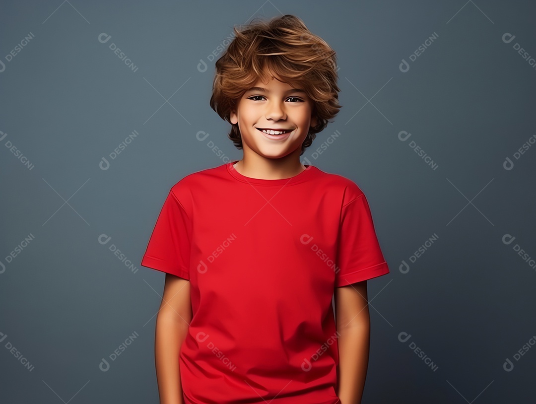 Garoto bonito vestindo maquete de camiseta vermelha vazia em branco para modelo de design