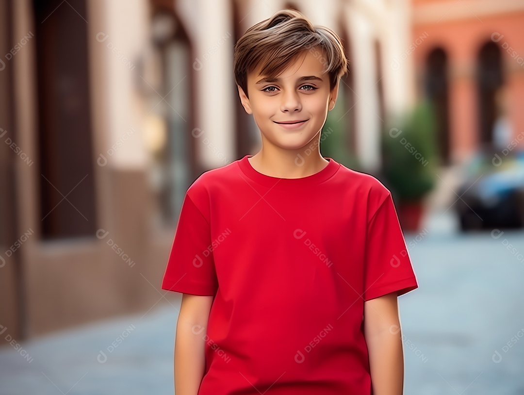 Garoto bonito vestindo maquete de camiseta vermelha vazia em branco para modelo de design