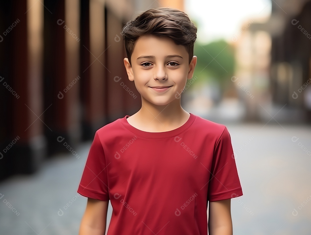 Garoto bonito vestindo maquete de camiseta vermelha vazia em branco para modelo de design