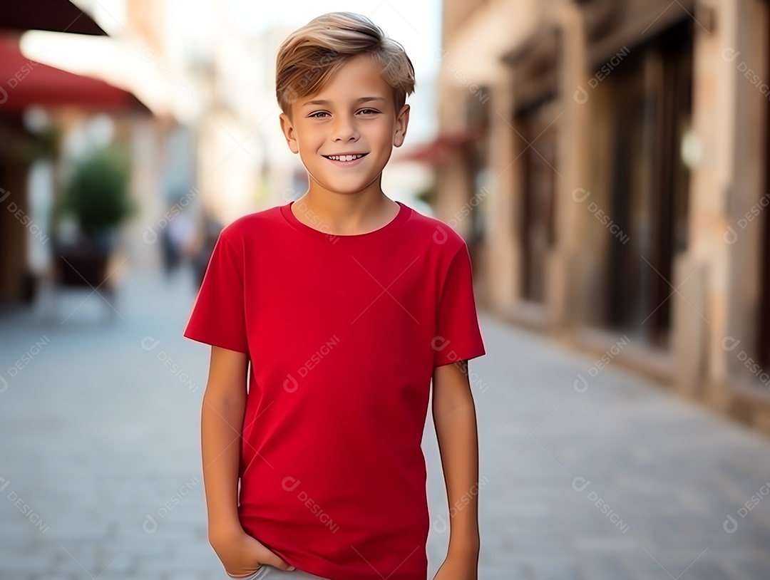 Garoto bonito vestindo maquete de camiseta vermelha vazia em branco para modelo de design