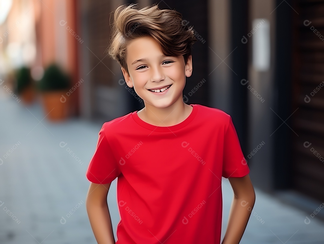 Garoto bonito vestindo maquete de camiseta vermelha vazia em branco para modelo de design