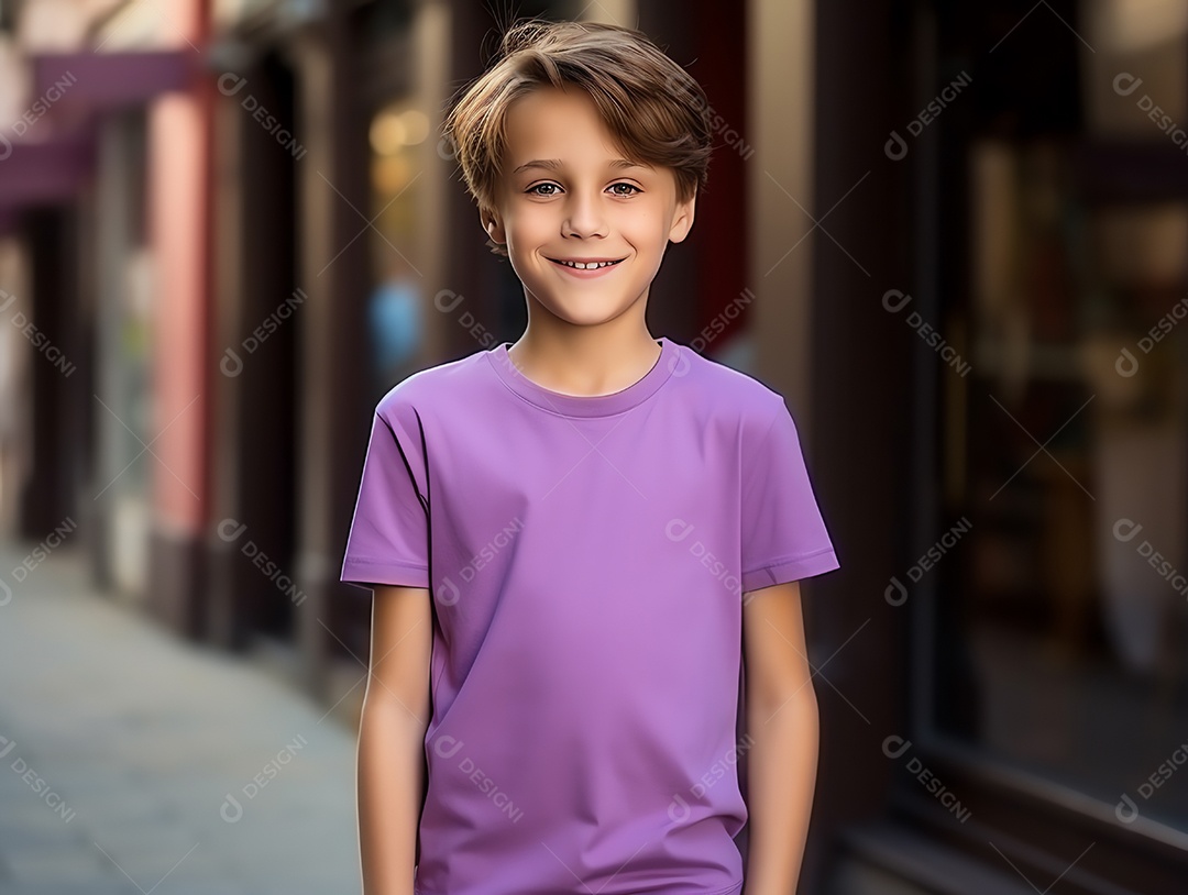 Garoto bonito vestindo maquete de camiseta vermelha vazia em branco para modelo de design