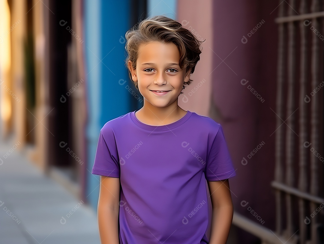 Garoto bonito vestindo maquete de camiseta vermelha vazia em branco para modelo de design