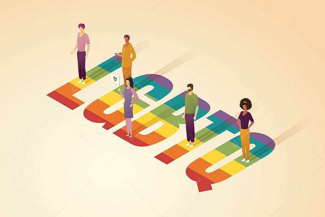 Grupo de Pessoas Em Pé Sobre Letras de Palavras LGBTQ Vetor EPS