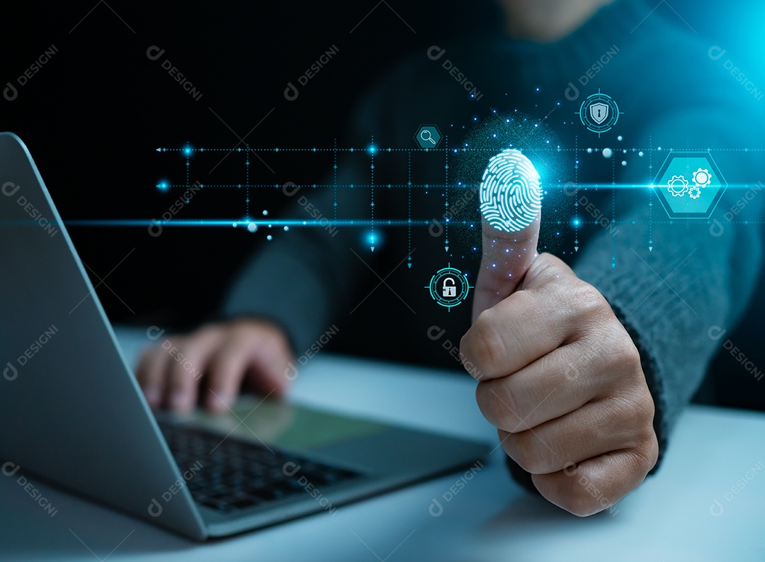 Empresário digitaliza identidade biométrica de impressão digital e aprovação. Acesso seguro concedido por leitura de impressão digital válida