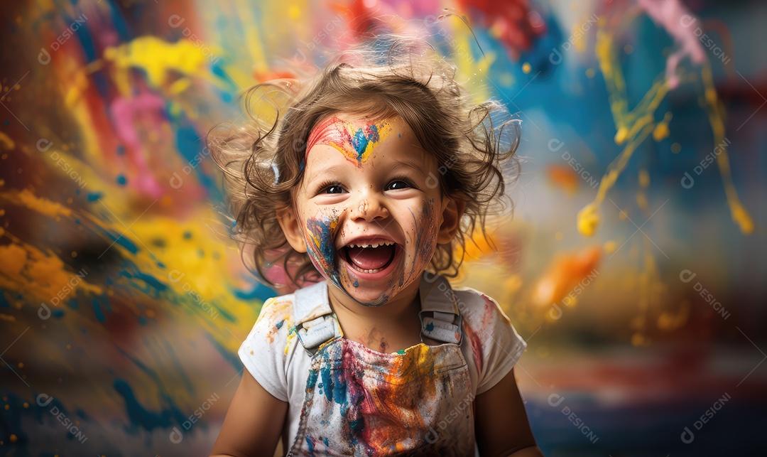 Crianças felizes sorrindo brincando com arte e cobertas de tinta em campanha cultural do Dia das Crianças