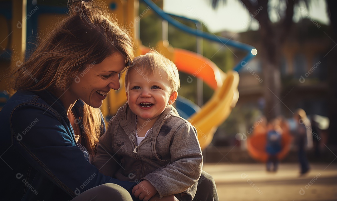 Mãe brincando com o filho em um parque ao ar livre durante as comemorações do Dia das Crianças