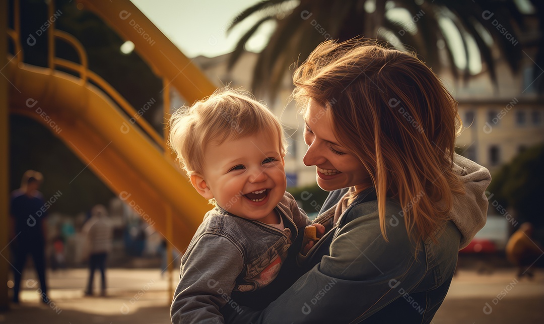 Mãe brincando com o filho em um parque ao ar livre durante as comemorações do Dia das Crianças