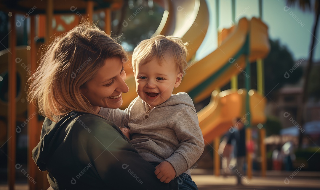 Mãe brincando com o filho em um parque ao ar livre durante as comemorações do Dia das Crianças