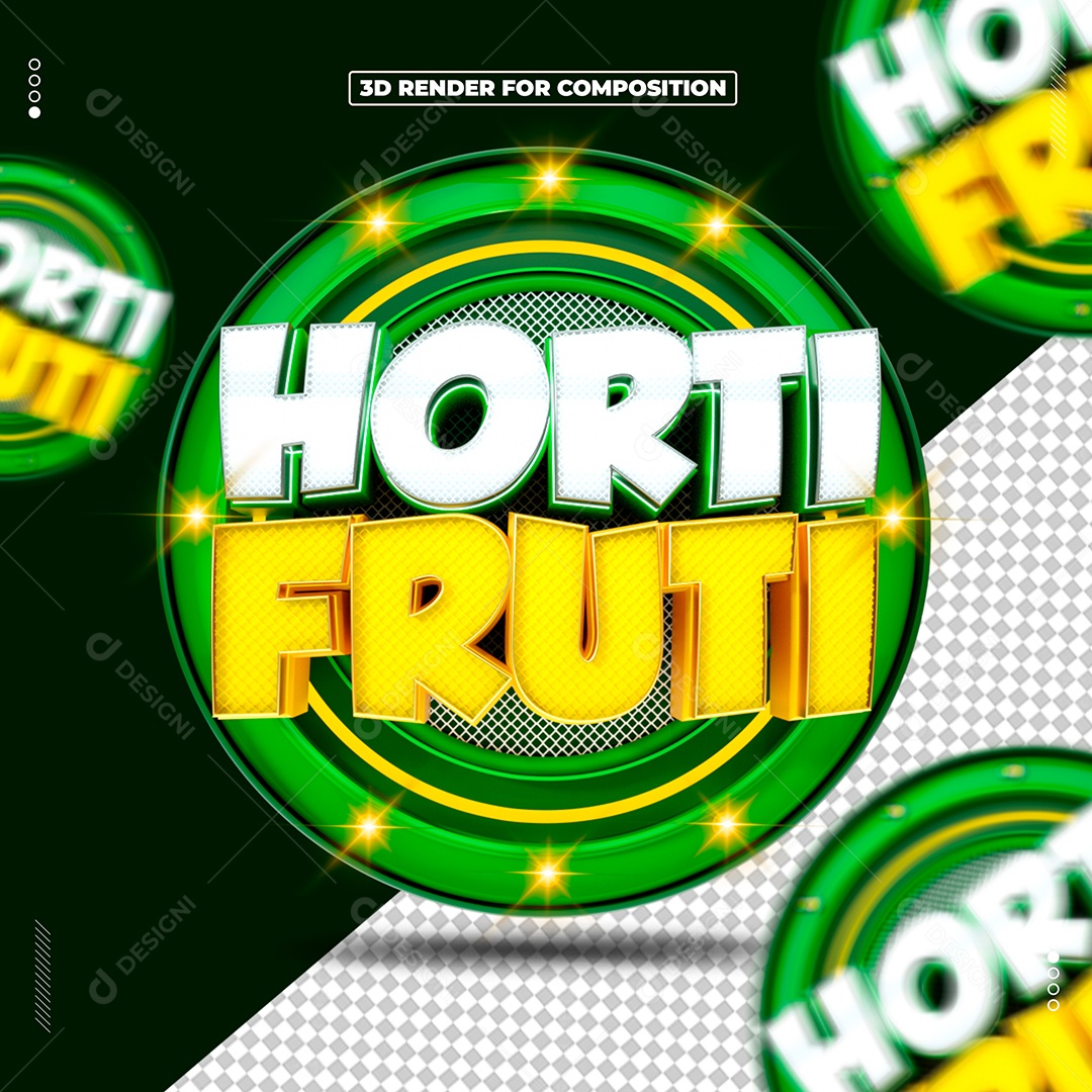 Hortifruti Selo 3D Verde e Dourado para Composição PSD